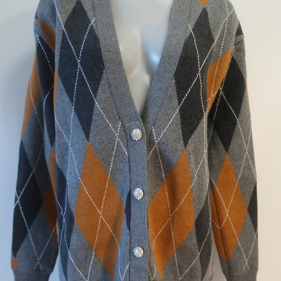 Ronny Kobo Abarne Gray Brown Merino Wool Cotton Argyle Button Cardigan Sweater S - Picture 8 of 15